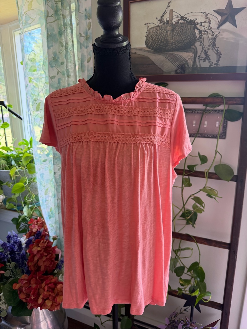 Ella Moss Coral Pink Ruffle Yoke Short Sleeve Tunic